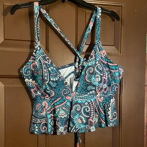 Cupshe Paisley Swim Crop Top - Blue and Pink
